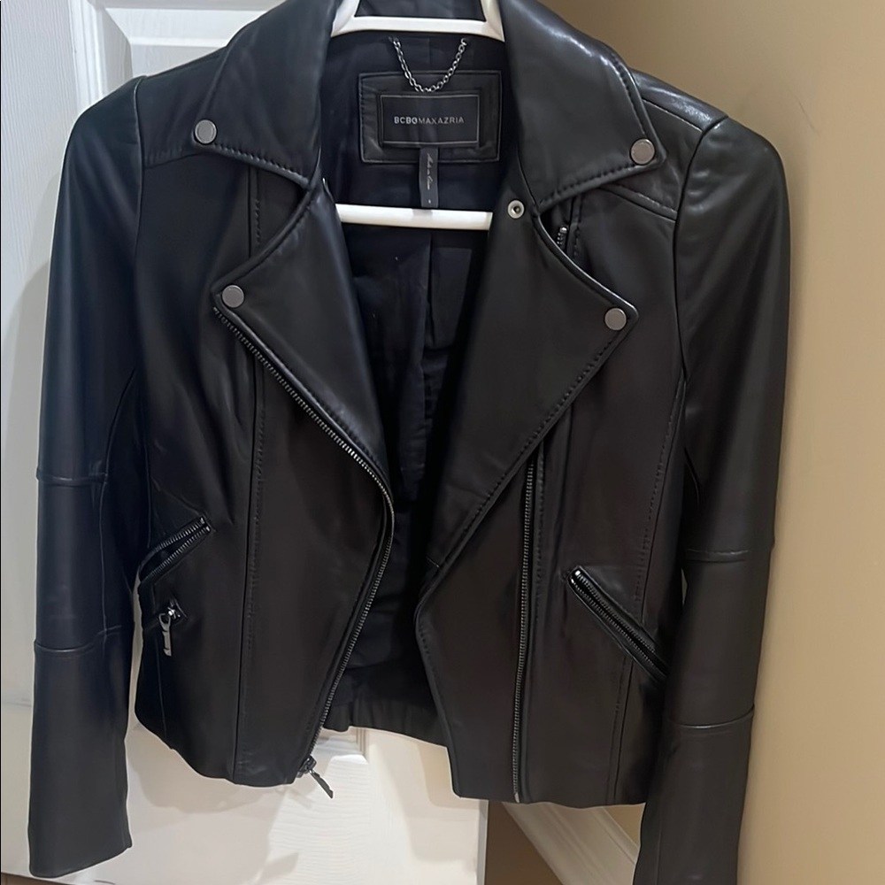 BCBGMaxAzria Black Leather Moto Jacket with Asymmetrical Zipper